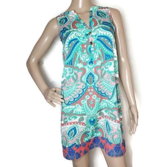 Tracy Negoshian XS Sleeveless Colorful Paisley Print Shift Dress Gold Buttons - Picture 8 of 12